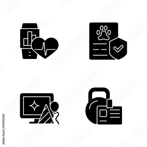 Motivating employees black glyph icons set on white space. Health trackers for workers. Pet insurance. Workplace celebration. Gym membership. Silhouette symbols. Vector isolated illustration