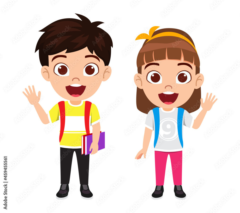 Happy cute kid boy and girl student character wearing beautiful outfit with book and bag Happy cute kid boy and girl student character wearing beautiful outfit with book and bag