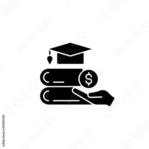 Tuition reimbursement black glyph icon. Compensation for education classes. Educational assistance. Covering study expenses. Silhouette symbol on white space. Vector isolated illustration