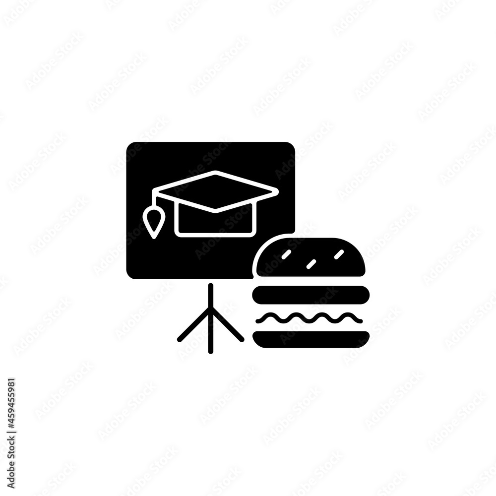 Lunch and learns black glyph icon. Training event. Employee encouragement. Offer food and new knowledge. Break during workday. Silhouette symbol on white space. Vector isolated illustration Lunch and learns black glyph icon. Training event. Employee encouragement. Offer food and new knowledge. Break during workday. Silhouette symbol on white space. Vector isolated illustration