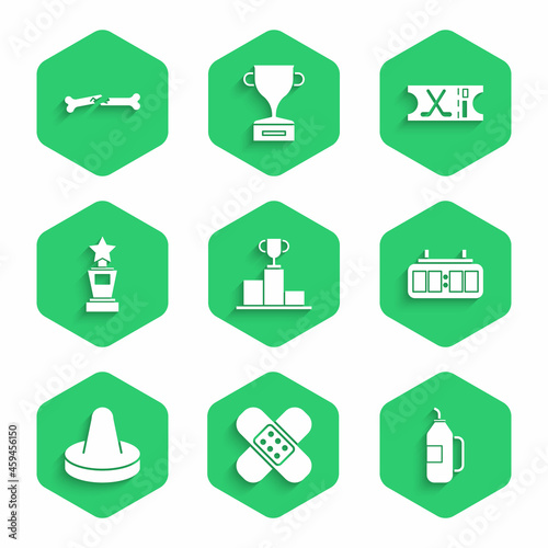 Set Hockey over sports winner podium, Crossed bandage plaster, Fitness shaker, mechanical scoreboard, Mallet for playing air hockey, Award cup, ticket and Human broken bone icon. Vector