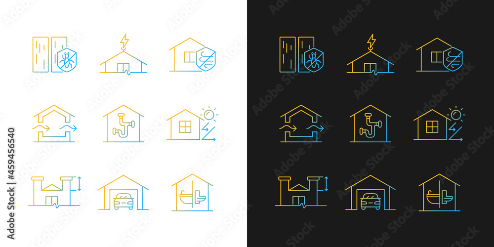 Home building standards gradient icons set for dark and light mode. Weather resistance. Thin line contour symbols bundle. Isolated vector outline illustrations collection on black and white