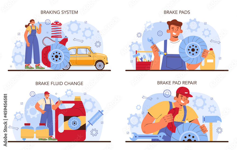Car repair service set. Automobile's brake pads got fixed in car workshop Car repair service set. Automobile's brake pads got fixed in car workshop