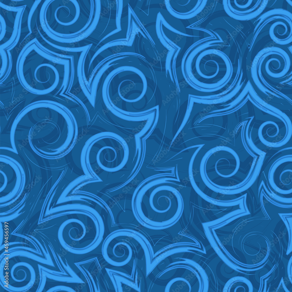 Seamless vector pattern of blue spirals curls and corners.Geometric pattern of abstract elements of stripes and broken lines.Stylized geometric seamless pattern of sea waves or currents.