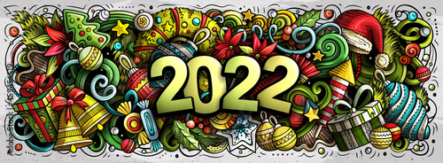 2022 doodles horizontal illustration. New Year objects and elements poster