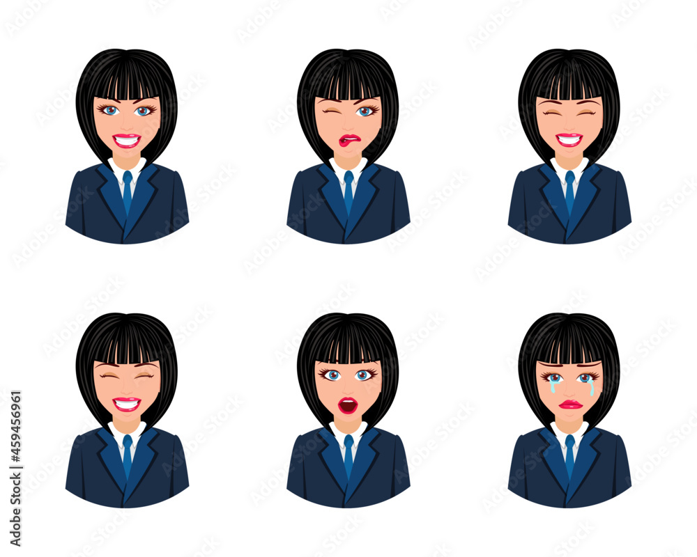 Cute businesswoman character avatar with different emotion and facial expressions Cute businesswoman character avatar with different emotion and facial expressions