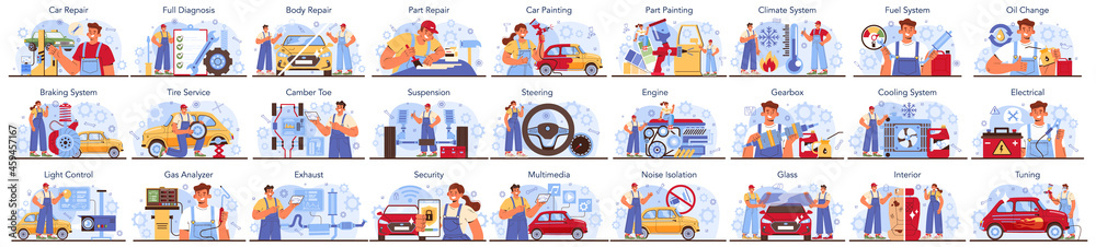 Car service set. Automobile got fixed in garage. Mechanic in uniform Car service set. Automobile got fixed in garage. Mechanic in uniform