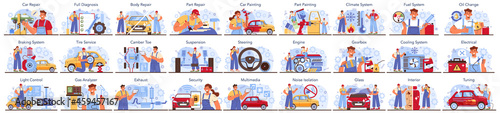 Car service set. Automobile got fixed in garage. Mechanic in uniform