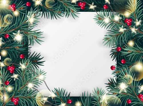 Vector Christmas square frame with tree branches, red berries, light garlands and white paper. Cristmas concept