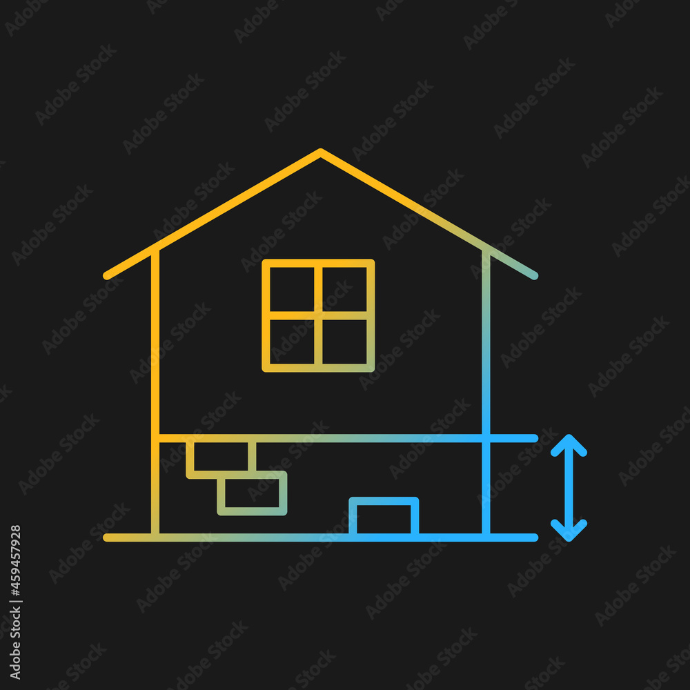 Adequate plinth height gradient vector icon for dark theme. Foundation construction. Footing depth. Building regulation. Thin line color symbol. Modern style pictogram. Vector isolated outline drawing Adequate plinth height gradient vector icon for dark theme. Foundation construction. Footing depth. Building regulation. Thin line color symbol. Modern style pictogram. Vector isolated outline drawing