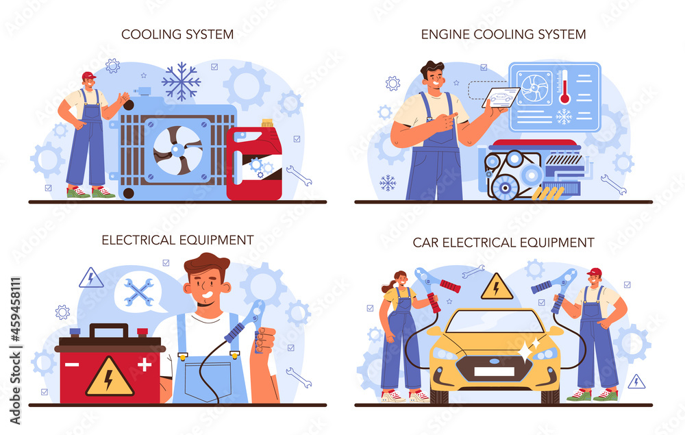Car repair service set. Automobile cooling system got fixed