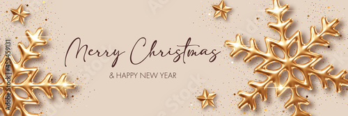 Christmas background with three dimensional golden snowflakes. Design element for greeting card