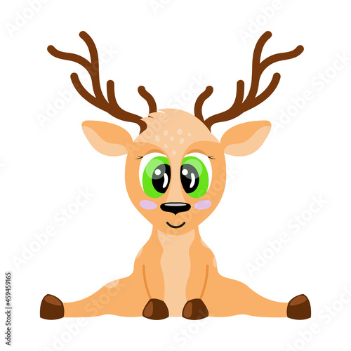 Cute Deer isolated. Cartoon baby animal with horns. Deer sitting and smiling. Vector illustration