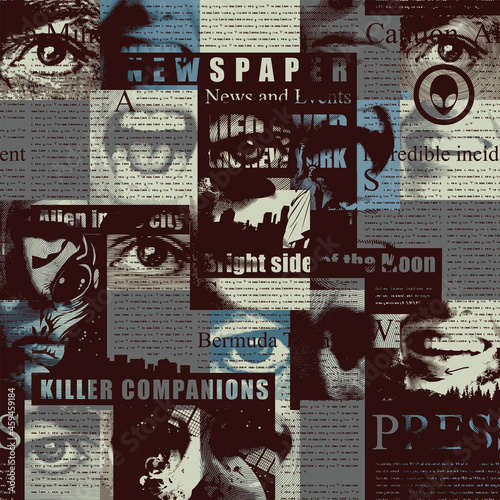 Abstract seamless pattern with a collage of newspaper or magazine clippings. Vector background with unreadable text, illustrations and titles with disturbing content. Wallpaper, wrapping paper, fabric