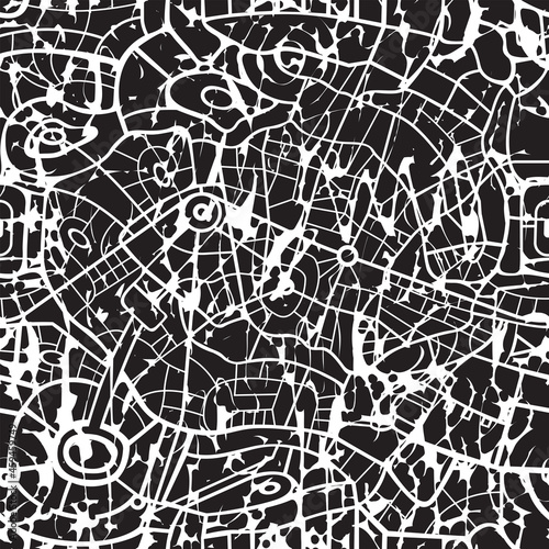 Abstract seamless pattern, similar to the roads map or streets plan of a large city. Black and white vector repeating background with chaotic lines. Suitable for wallpaper, wrapping paper, fabric