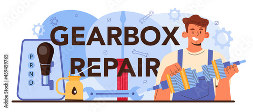 Gearbox repair typographic header. Car repair service. Automobile