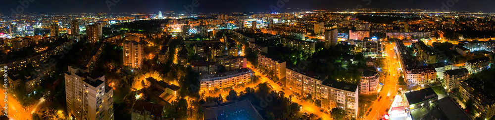 Fototapeta premium A panoramic aerial view to city at night. Sofia, Bulgaria