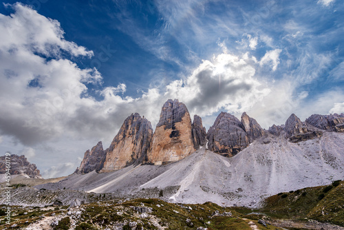 Three Peaks of Lavaredo (Tre Cime di Lavaredo or Drei Zinnen), north face, and Monte Paterno or Paternkofel, Sesto Dolomites (Dolomiti di Sesto), Trentino-Alto Adige and Veneto, Italy, Europe.