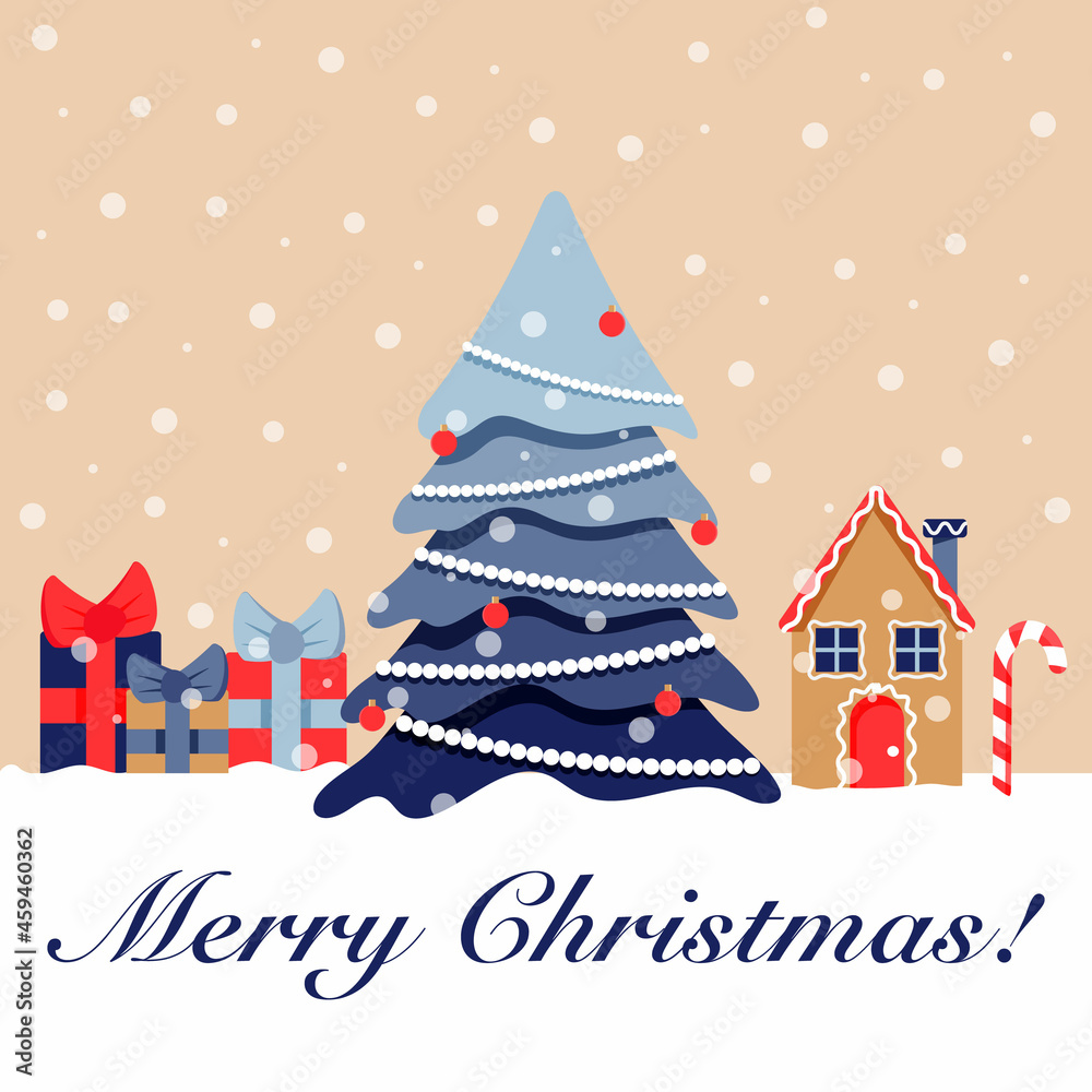 Merry Christmas greeting card with Christmas tree, presents, candy and gingerbread house. Vector illustration.