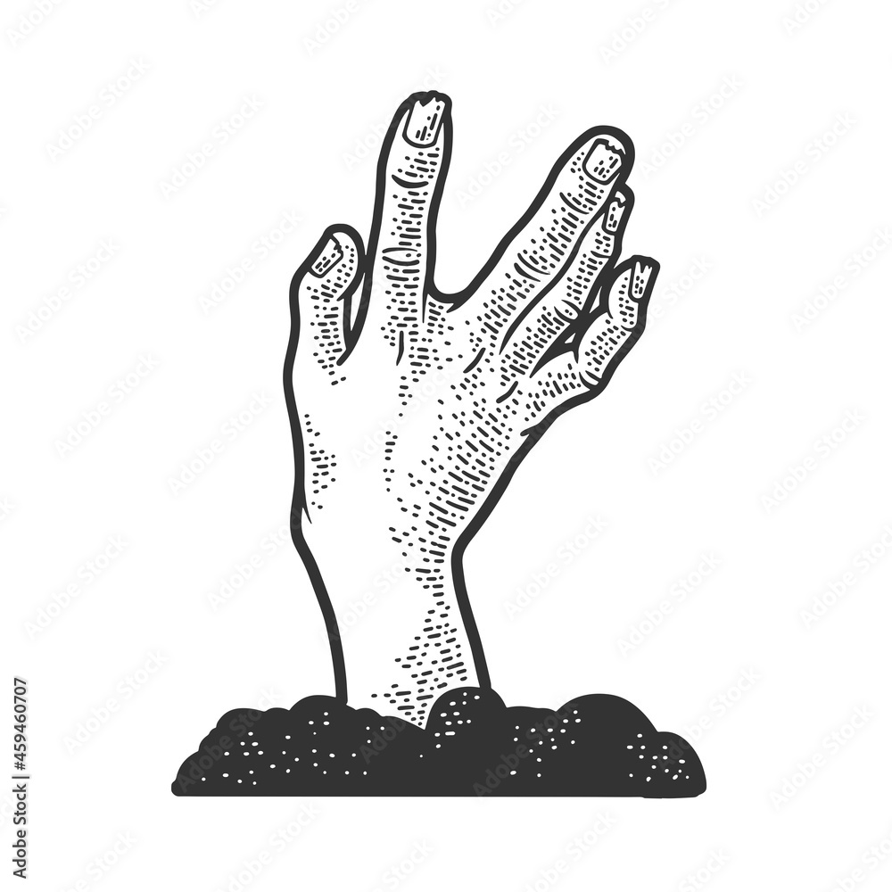 Zombie hand climbs out of the grave sketch engraving vector ...