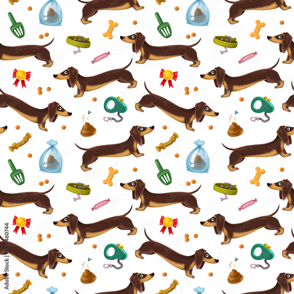 Cute cartoon dachshunds, leash, poop, medal and pet grooming. Seamless pattern with a dog on a white background. Children s funny illustration, drawing by hand. Newborn print, print design.