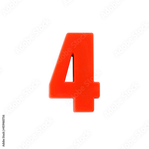 Shot of a number four made of red plastic with clipping path