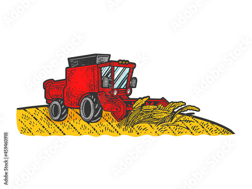 combine harvester in wheat field color sketch engraving vector illustration. T-shirt apparel print design. Scratch board imitation. Black and white hand drawn image.