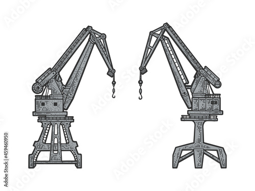harbor port ship crane color sketch engraving vector illustration. T-shirt apparel print design. Scratch board imitation. Black and white hand drawn image.