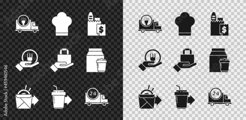 Set Fast delivery by car, Chef hat, Online ordering and, noodles, Coffee cup to go, and icon. Vector
