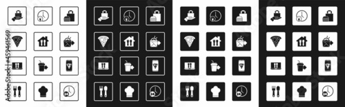Set Online ordering burger delivery, and, Slice of pizza, noodles, Round the clock, Food and icon. Vector