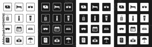 Set Binoculars, Lighthouse, Suitcase, Airline ticket, Sunscreen cream tube, Bed, Taxi car roof and Ski goggles icon. Vector