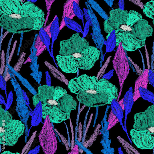 Creative seamless pattern with abstract flowers drawn with wax crayons. Brigh...