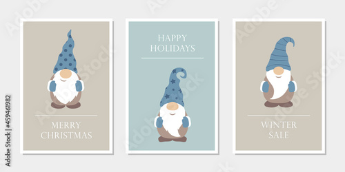 set of christmas greeting cards with cute funny gnome