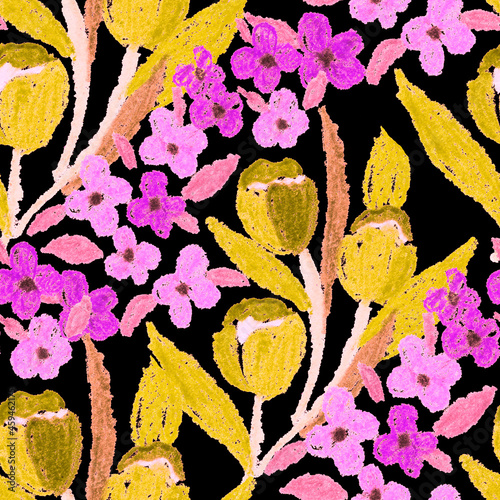 Creative seamless pattern with abstract flowers drawn with wax crayons. Brigh...