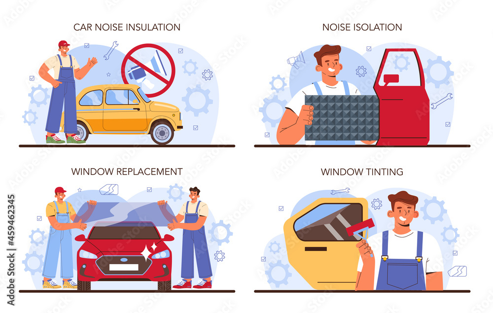 Car repair service set. Automobile sound insulation and window instalation Car repair service set. Automobile sound insulation and window instalation