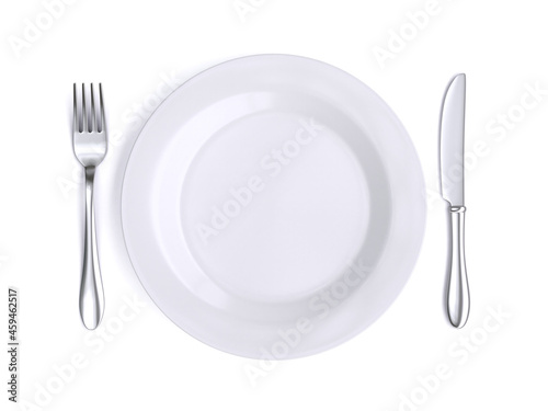 Plate and silverware top view 3d rendering