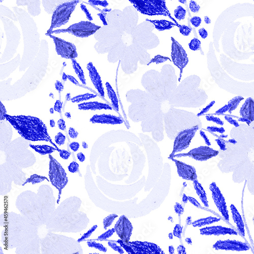 Creative seamless pattern with abstract flowers drawn with wax crayons. Brigh...