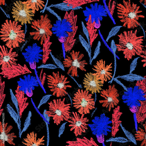 Creative seamless pattern with abstract flowers drawn with wax crayons. Brigh...