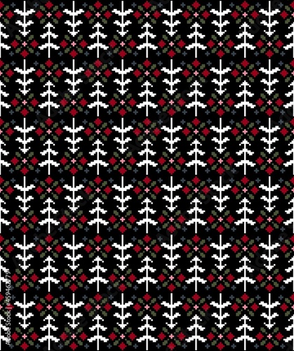 Seamless pattern with firs and flowers in scandinavian folk style. Pixel emboidery effect. Stock illustration for web and print, wallpaper, background, textile, scrapbooking and wrapping paper.