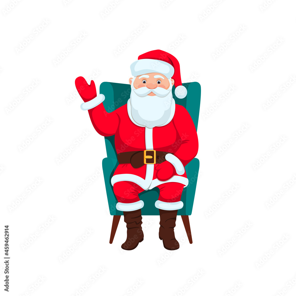 Santa Claus is sitting on a green chair. Flat style. Christmas, holiday, fun. Celebration. Father Frost. Isolated on white background. Vector illustration Santa Claus is sitting on a green chair. Flat style. Christmas, holiday, fun. Celebration. Father Frost. Isolated on white background. Vector illustration