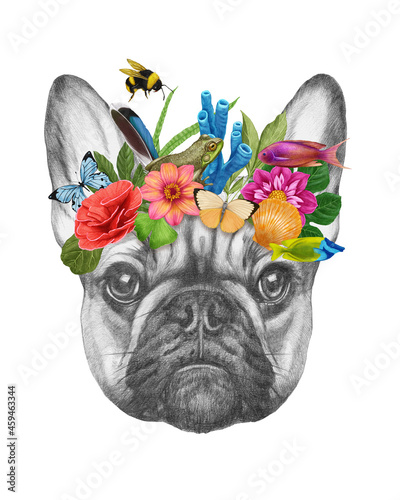 Portrait of French Bulldog with a floral crown.  Flora and fauna. Hand-drawn illustration, digitally colored. photo
