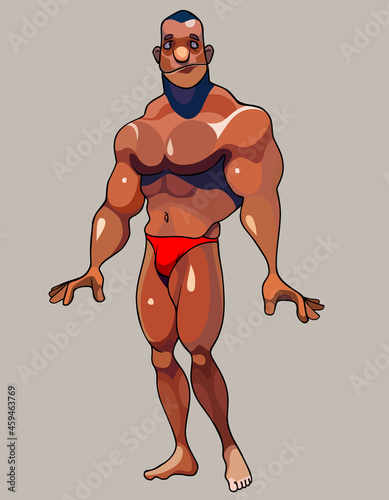 cartoon muscular bodybuilder posing standing in red swimming trunks