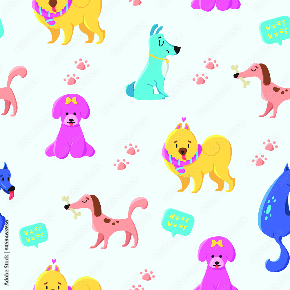Vector seamless pattern with cute dogs isolated on light blue background. Perfect for fabric, wallpaper, textile, nursery decor. Woof woof.