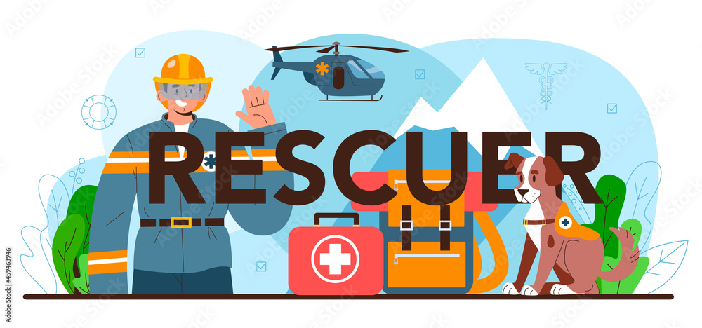 Rescuer typographic header. Emergency help, ambulance lifeguard Rescuer typographic header. Emergency help, ambulance lifeguard