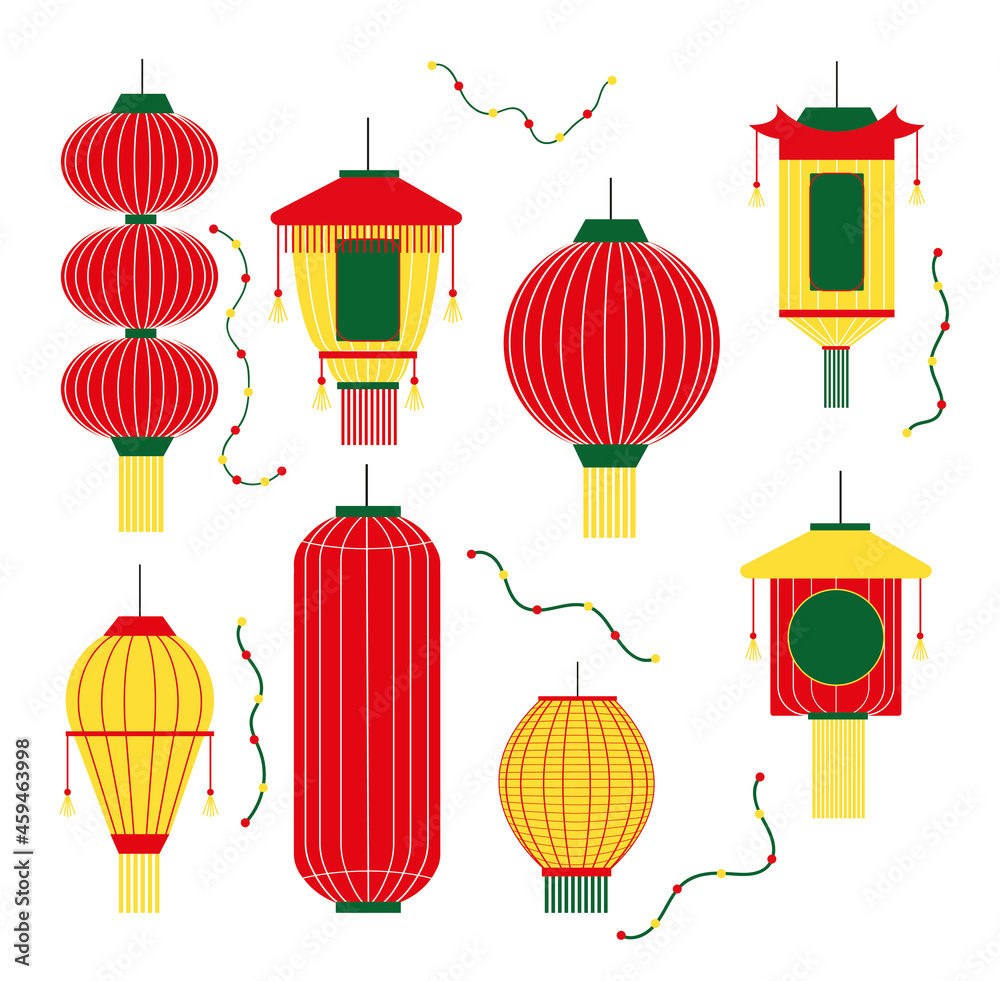 Lanternes chinoises. Illustrations vectorielles sur le thème de la Chine et du nouvelle an chinois. Guirlandes et illuminations festives.