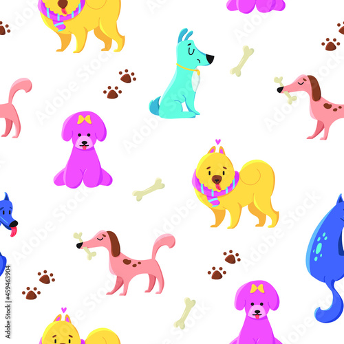Vector seamless pattern with cute dogs isolated on white background. Perfect for fabric, wallpaper, textile, nursery decor. 
