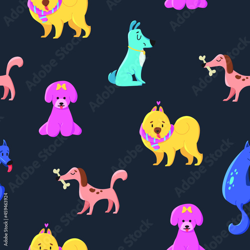 Vector seamless pattern with cute dogs isolated on black background. Perfect for fabric, wallpaper, textile, nursery decor. 