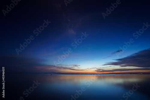 The twilight sky with star at the lake.