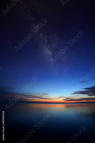 The twilight sky with star at the lake.