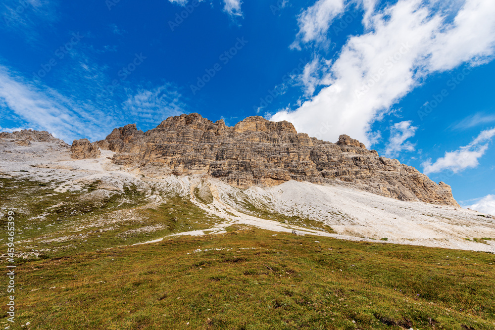 South face of three peaks of Lavaredo (Drei Zinnen or Tre Cime di Lavaredo), famous mountain peaks of the Sesto Dolomites, UNESCO world heritage site, Trentino-Alto Adige and Veneto, Italy, Europe.